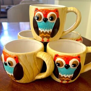 set of 5 Ceramic 3D Owl Coffee Tea Mug/Cup Raised Texture Carved Wood Design